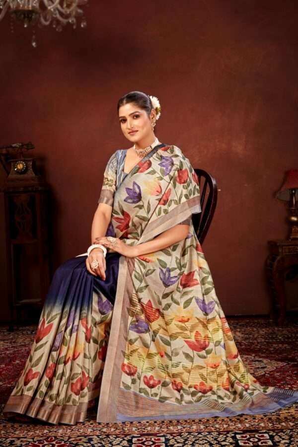 Traditional flower printed tussar silk saree bt3 - Image 3