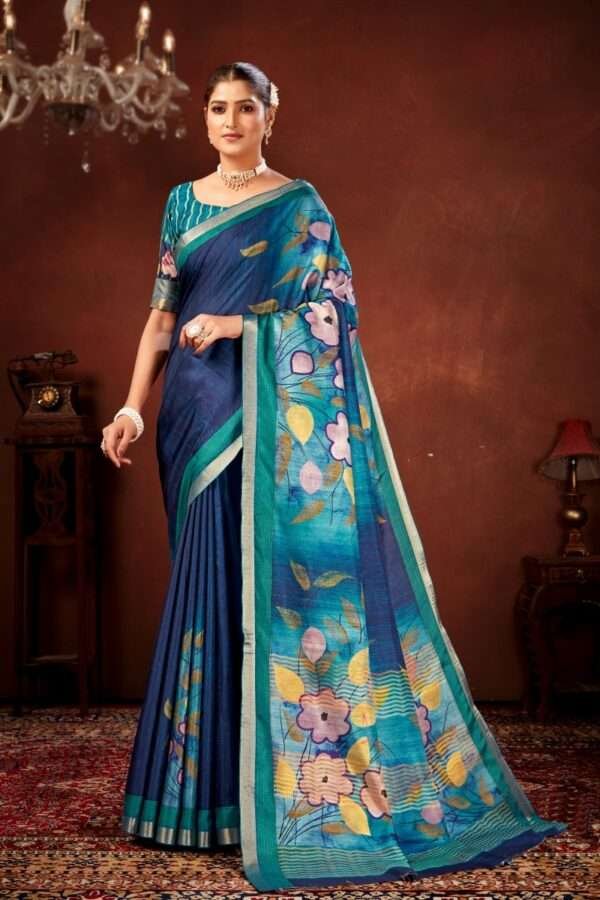 Traditional flower printed tussar silk saree bt5