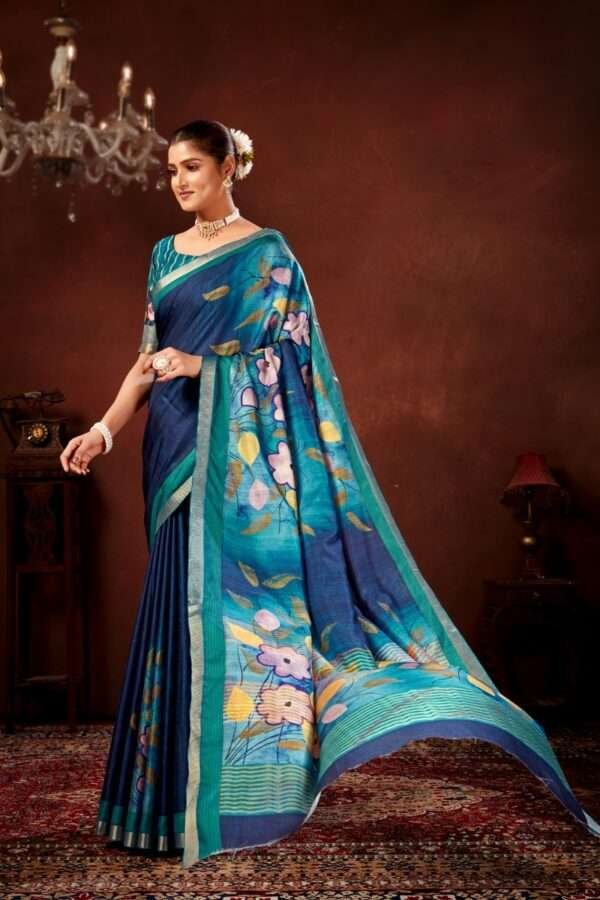 Traditional flower printed tussar silk saree bt5 - Image 2