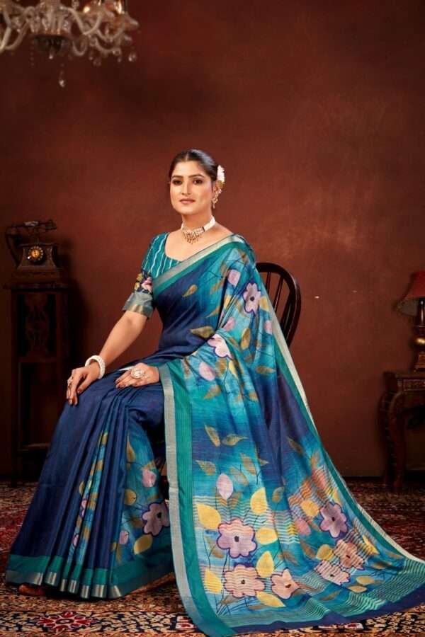 Traditional flower printed tussar silk saree bt5 - Image 3