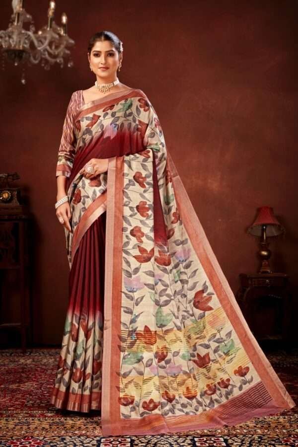 Traditional flower printed tussar silk saree bt6