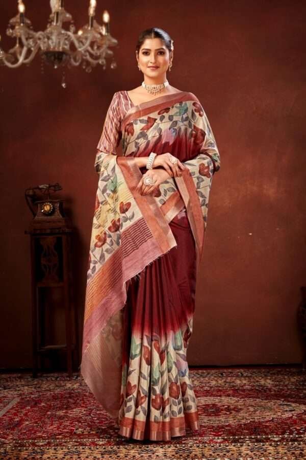 Traditional flower printed tussar silk saree bt6 - Image 2
