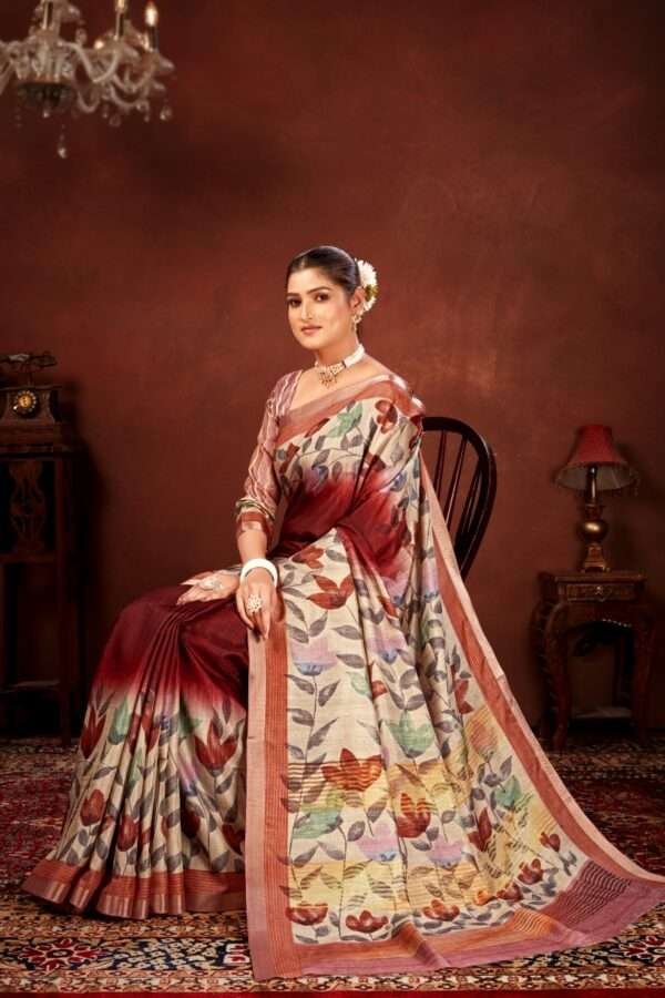 Traditional flower printed tussar silk saree bt6 - Image 3