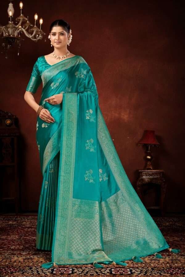 Turquoise green pure satin silk saree vs1