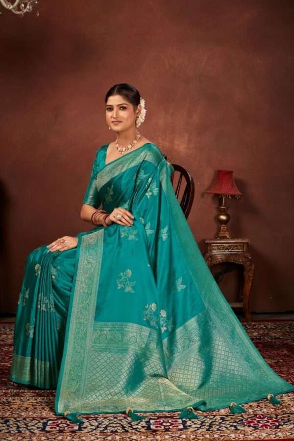 Turquoise green pure satin silk saree vs1 - Image 3