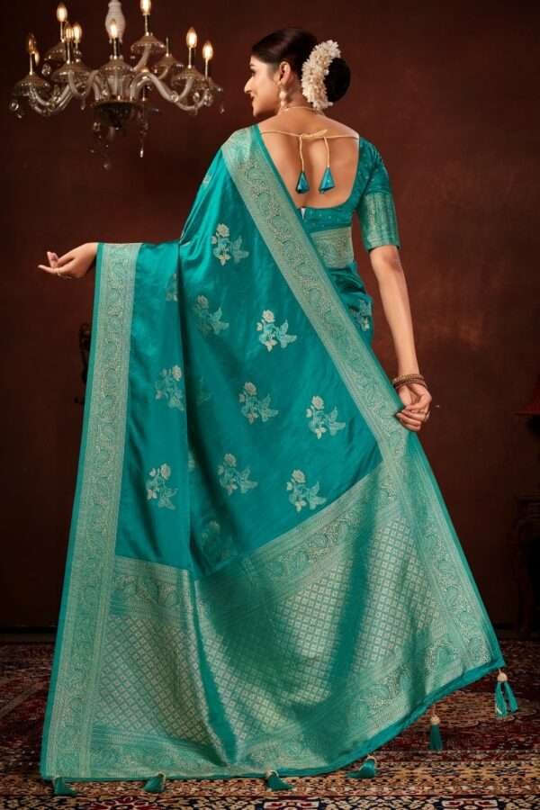 Turquoise green pure satin silk saree vs1 - Image 4