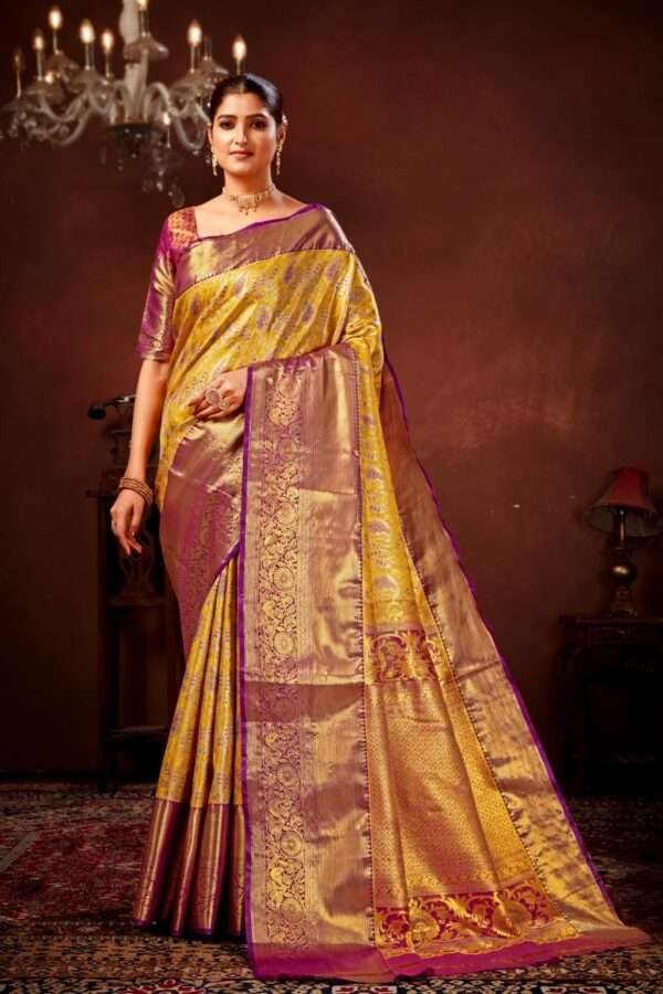 Yellow pure dharamavaram silk saree d8