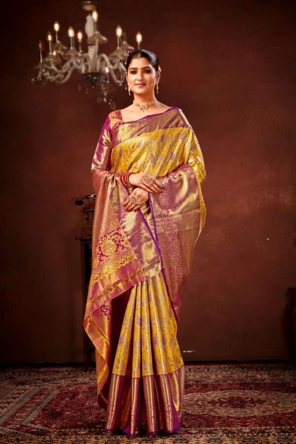 Yellow pure dharamavaram silk saree d8 - Image 2