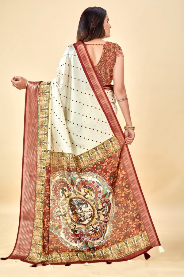 White Semi Silk Madhubani Print Saree – Elegant & Lightweight - Image 2