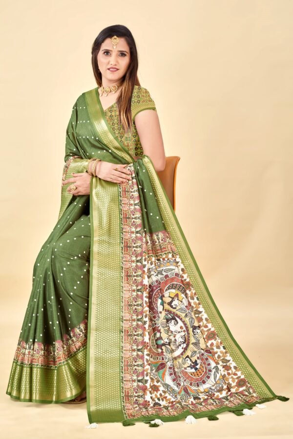 Mehendi Semi Silk Madhubani Print Saree – Elegant &Lightweight - Image 4