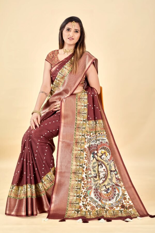 Maroon Semi Silk Madhubani Print Saree – Elegant & Lightweight - Image 4