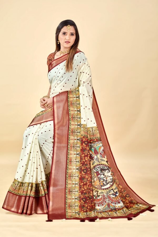 White Semi Silk Madhubani Print Saree – Elegant & Lightweight - Image 4