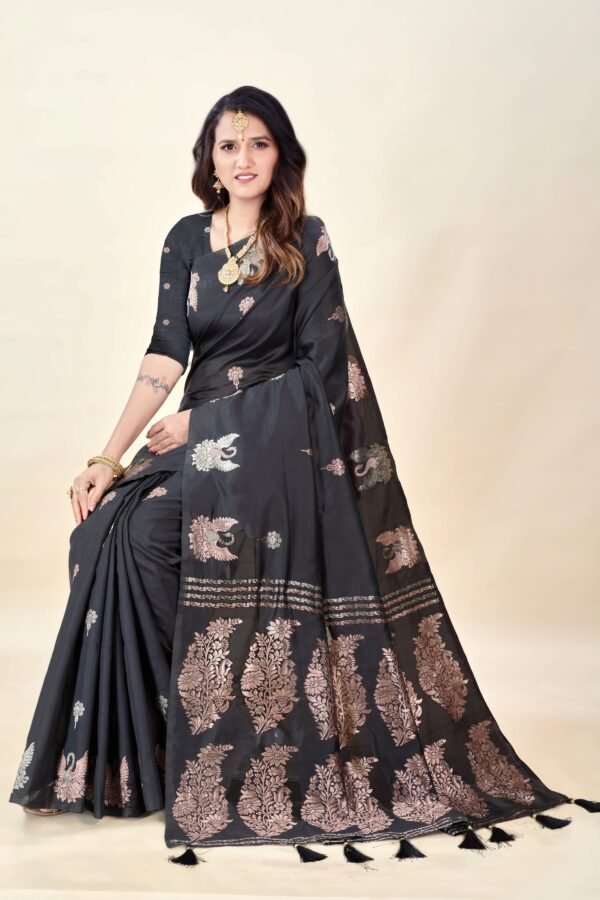Black Soft Silk Saree with Swarn Border - Image 4