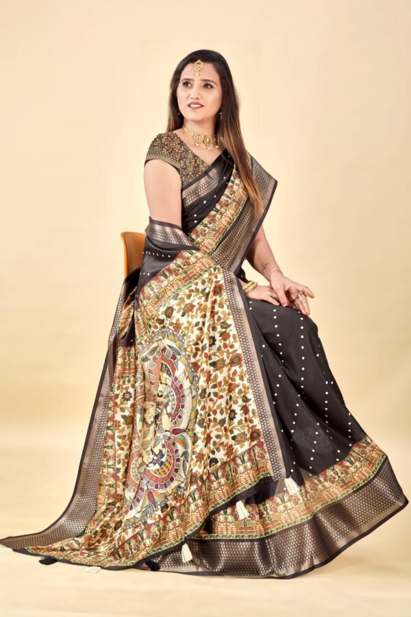 Black Semi Silk Madhubani Print Saree – Elegant & Lightweight - Image 5