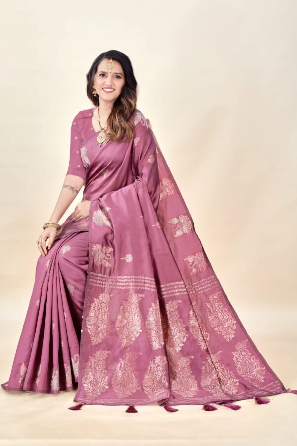 Onion Soft Silk Saree with Swarn Border - Image 4