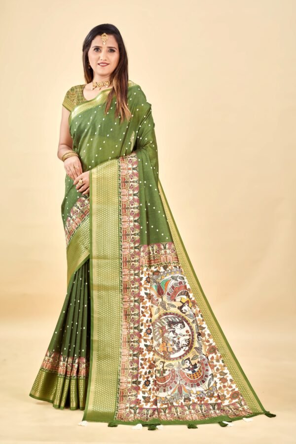 Mehendi Semi Silk Madhubani Print Saree – Elegant &Lightweight - Image 3