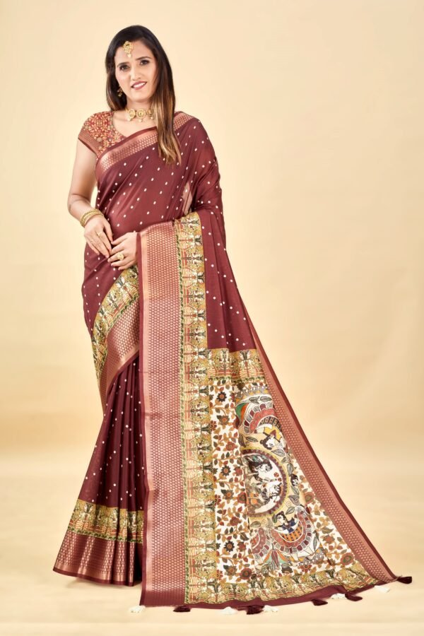 Maroon Semi Silk Madhubani Print Saree – Elegant & Lightweight - Image 5