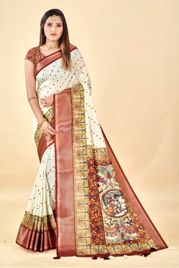 White Semi Silk Madhubani Print Saree – Elegant & Lightweight