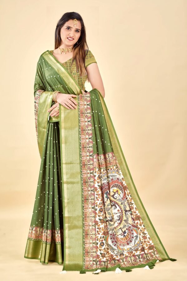 Mehendi Semi Silk Madhubani Print Saree – Elegant &Lightweight