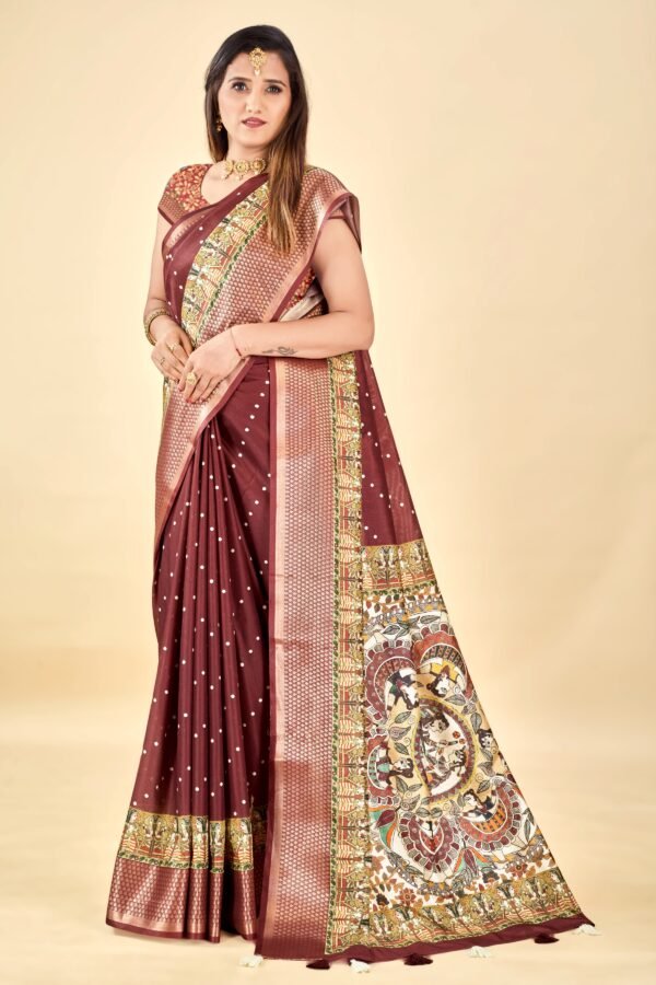 Maroon Semi Silk Madhubani Print Saree – Elegant & Lightweight