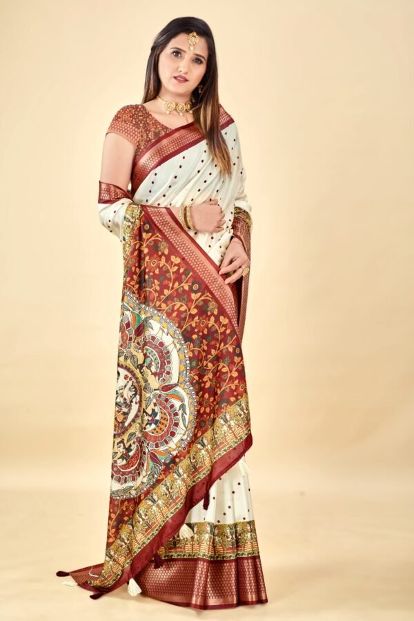White Semi Silk Madhubani Print Saree – Elegant & Lightweight - Image 6